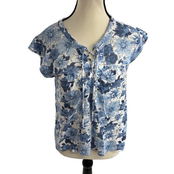 Lucky Brand Blouse Womens S Blue Floral Lace Up Short Sleeve Top - Picture 1 of 6